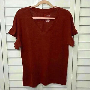 Sonoma Linen Blend V-Neck Ruffle Sleeve Casual Top Size Large Burgundy